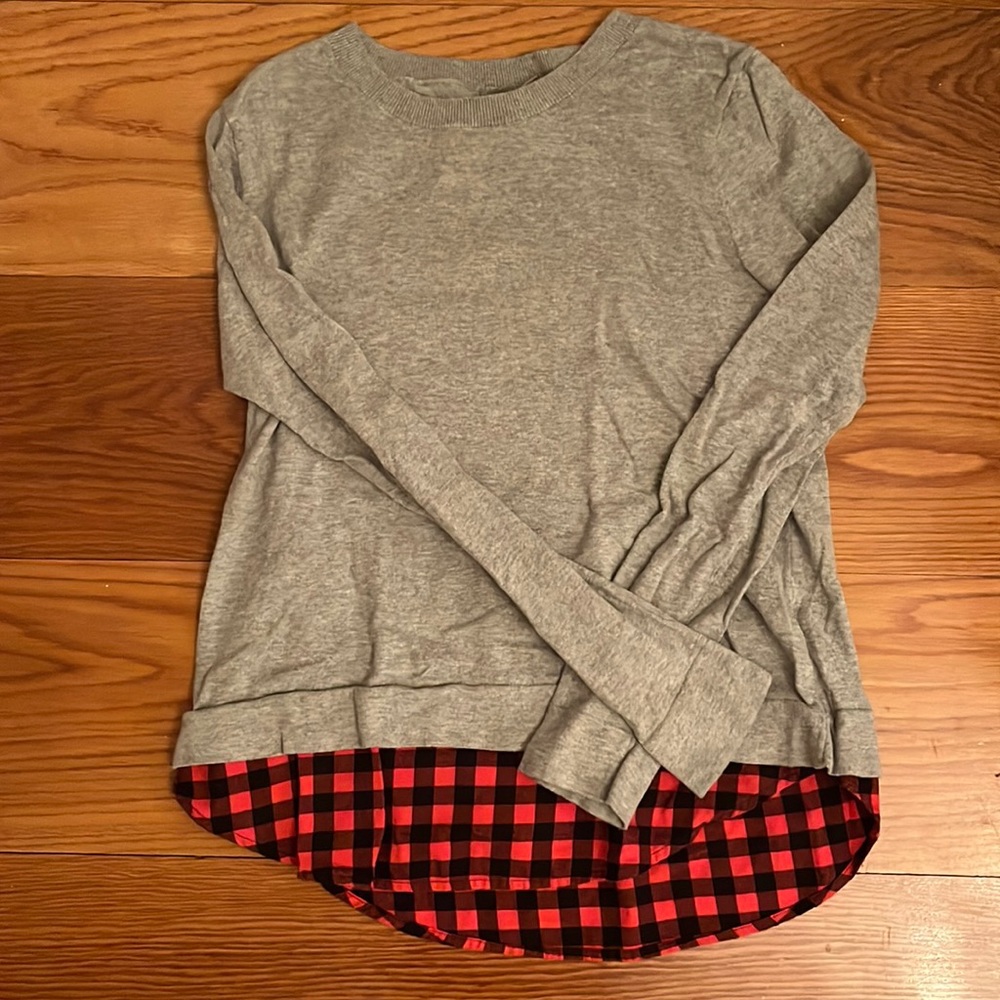 Jcrew Gray sweater with Buffalo Plaid on Bottom Small